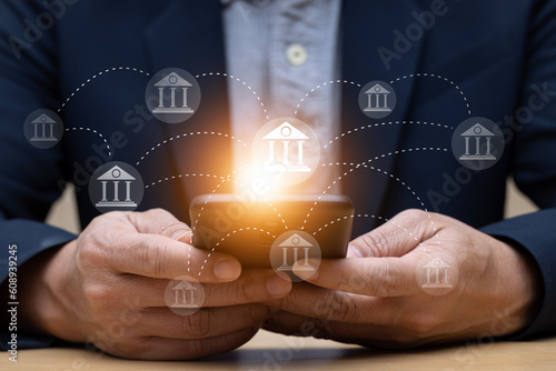 online banking concept Links between financial institutions Financial network with people using smartphones
