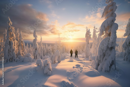 Hikers enjoying a sunset in the winter landscape of a snow covered forest