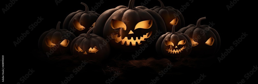 Fototapeta premium Halloween pumpkins Jack-o'-Lanterns with light on a black background. Terrifying image. Generative AI