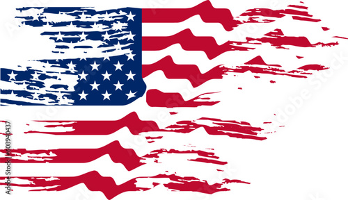 Waving USA Flag, brush stroke, grunge effect, tattered flag background. Vector file, hi-res.