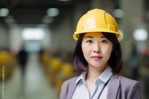 woman industrial helmet asian female portrait smile business job industry engineer. Generative AI.