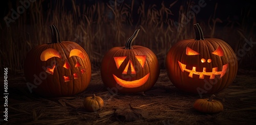 Halloween pumpkins Jack-o'-Lanterns glowing in the dark at sunset. Generative AI