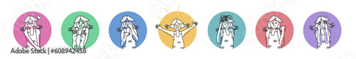 Girl character emotions in circle icons set. Happiness, disgust and anger, sadness and love, female teenager fear and stress. Facial expression with gestures.