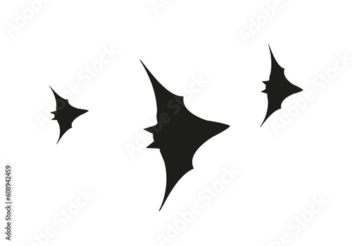 Three flying bats. Isolated contour icon bat image. Halloween outline object. Black vector illustration on white background.