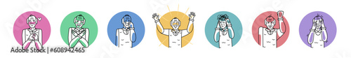 Old man character emotions in circle icons set. Happiness, disgust and anger, sadness and love, elder male fear and stress. Facial expression with gestures.