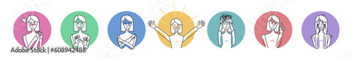 Woman character emotions in circle icons set. Happiness, disgust and anger, sadness and love, adult female fear and stress. Facial expression with gestures.
