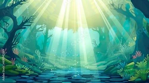 Background sunbeams through the ocean. An illustration set against an abstract background in a banner design, capturing the beauty of sunbeams streaming through the ocean. Generative AI.