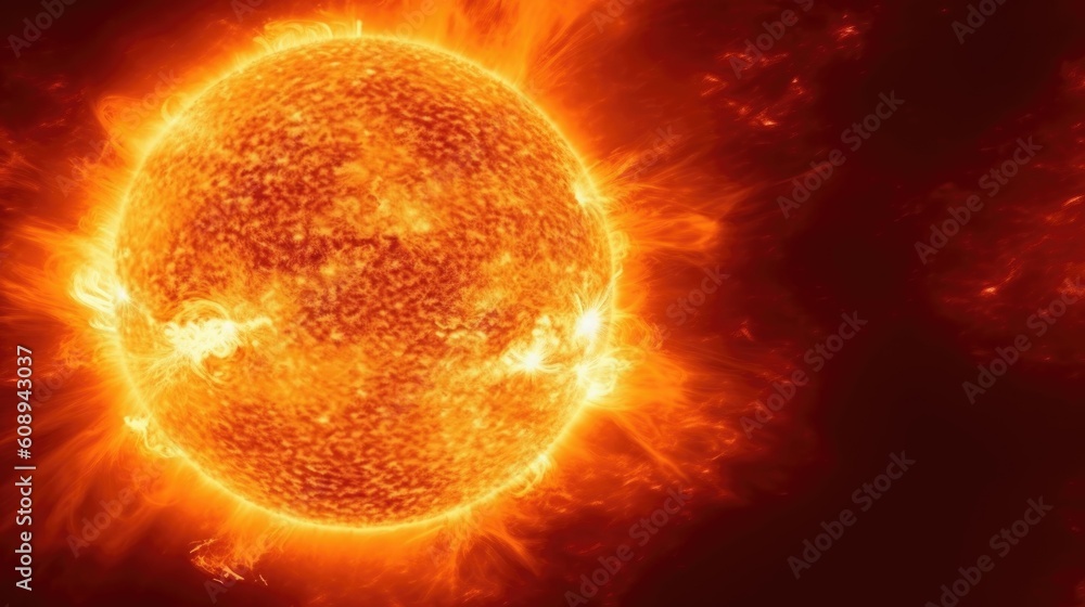 Close-up of sun with solar storm in space. Generative AI. Close-up of sun with solar storm in space. Generative AI.