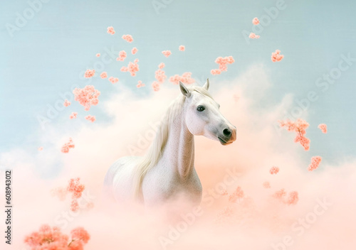 Close up white portrait of white horse with fluffy poetic cloud, AI Generated
