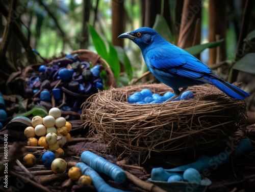 Bowerbird collecting blue objects 