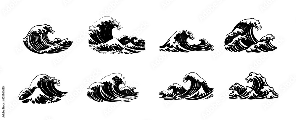 Set of sea wave silhouette isolated on white background. Nature ocean graphic symbol vector illustration