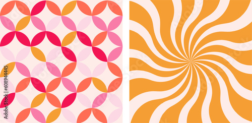 Groovy hippie retro patterns. Waves, swirl twirl