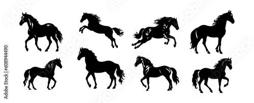 Set of horse silhouette animal set isolated on white background. Black horses graphic element vector illustration