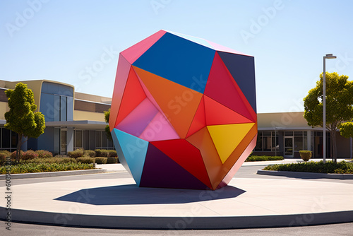  A large-scale outdoor geometric sculpture, constructed from weather-resistant materials,  Generative AI technology. photo