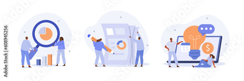 Digital business concept illustrations. Collections of people working together on project. Analytics team analyzing report, graphs, charts and other business data. Vector illustration.