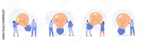 Business concept illustrations. Collections of people working together and looking for creative ideas. Men and women holding light bulbs. Vector illustration.