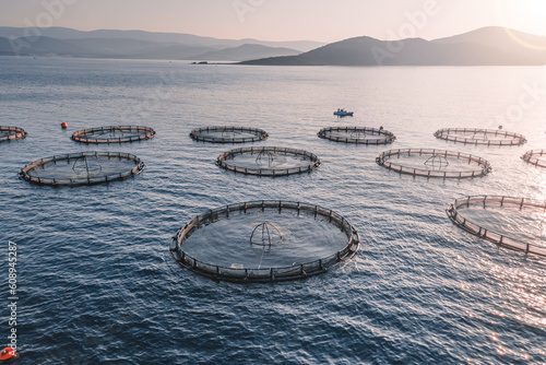Fish cage of fish farming in open sea, aerial close-up shot