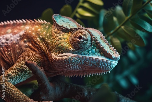 chameleon on a tree branch. a species of lizard. generative ai 