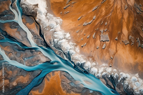 Aerial Photograph of a Glacial River Delta in Iceland with many meandering branches and veins photo