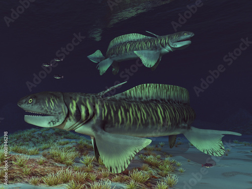 Prähistorischer Hai Orthacanthus in einer Unterwasserlandschaft photo