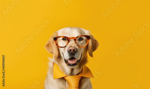 A happy joyful dog in a pastel colour background.