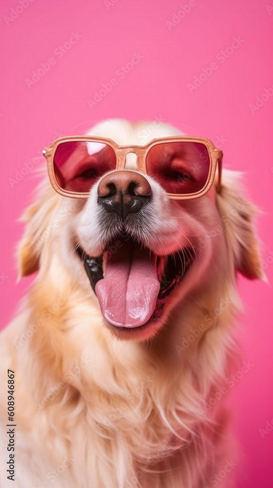 A happy joyful dog in a pastel colour background.