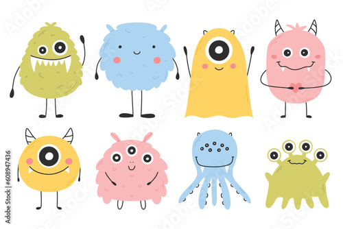 Set with cute monsters in flat style. Hand drawn kids monsters. vector illustration. Isolated mascot.