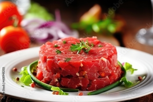 Beef steak tartare with greenery and vegetables. AI Generated