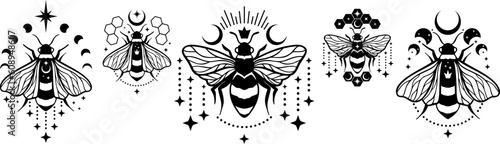 Magic queen bee logo design with moon. Collection of magic bumblebee with stars. Bee kind. Logo Design with bee. Vector illustration of bee and moon phases