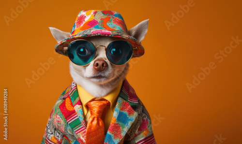  Chihuahua wearing a vibrant clothes and hat stands against a backdrop in studio setting.
