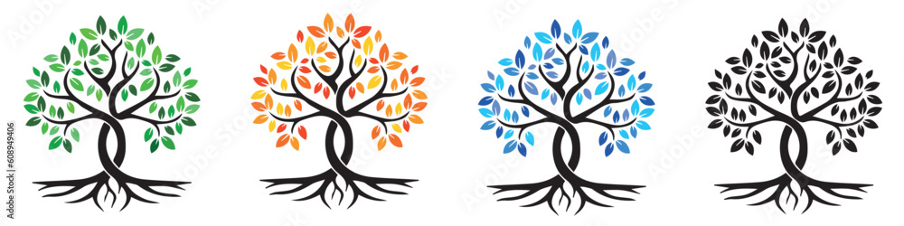 Green tree vector icon set. Wood with leaf natural collection in flat style. Tree simple different logo design elements.EPS 10