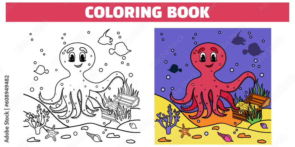 Children's coloring book with outline. Underwater world, treasure chest, gold, shells, seaweed,octopus, sand, corals. Vector stock illustration. Example