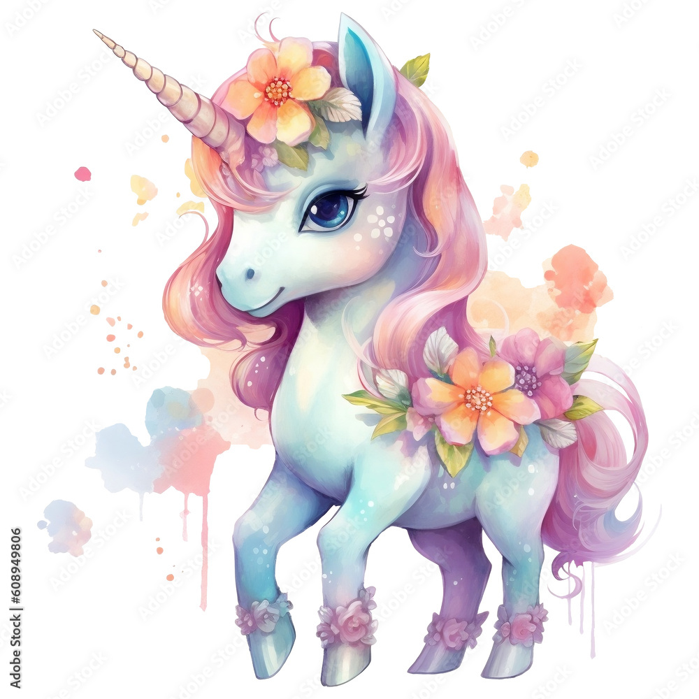 Cute unicorn with flowers and butterflies isolated on a white background Watercolor illustration ...
