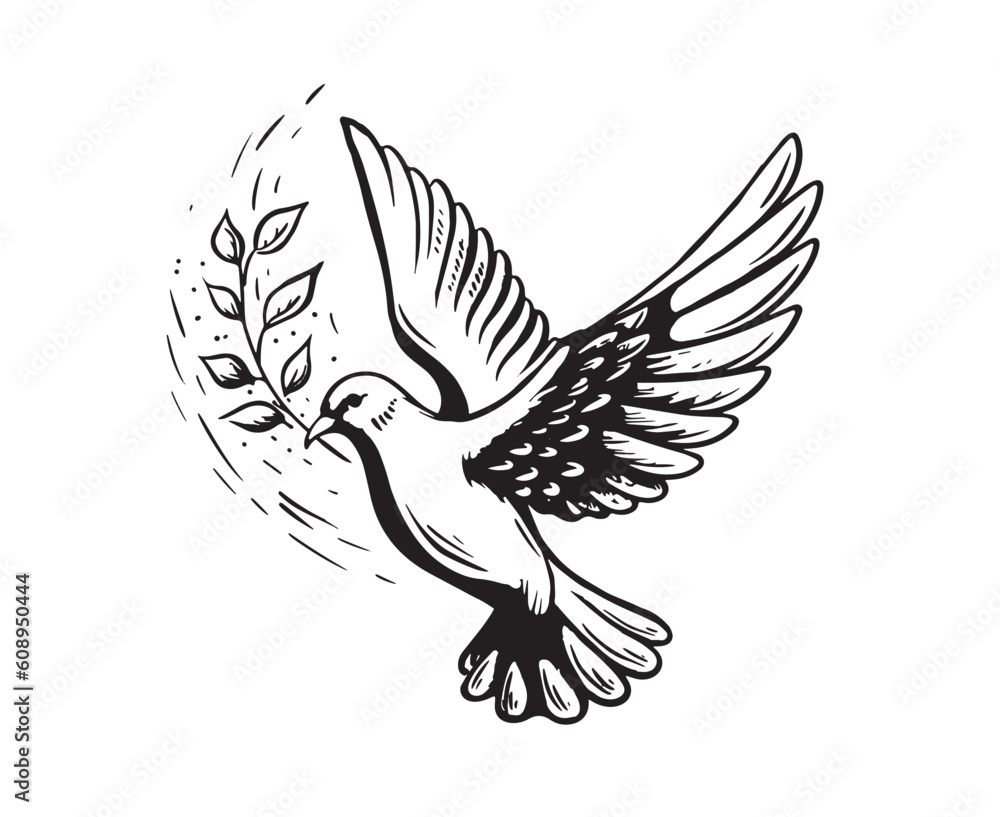 Obraz premium Flying dove of peace with an olive twig, hand drawn Illustration, vector. 