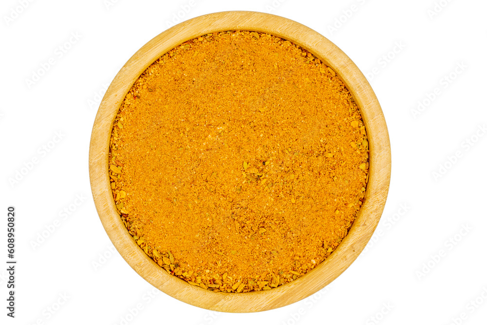 Cajun spice powder isolated on white background. Powdered dried cajun in wooden bowl. Top view Cajun spice powder isolated on white background. Powdered dried cajun in wooden bowl. Top view