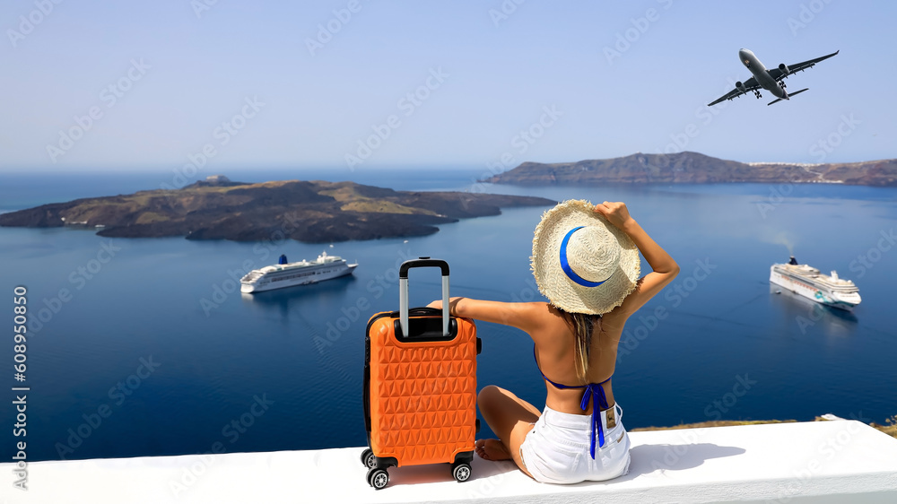 Φωτογραφία Happy moment with young woman tourist as orange the luggage in Santorini island,