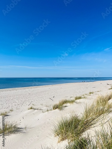 Fototapeta Naklejka Na Ścianę i Meble -  White sandy dunes with blue sea background, blue sea horizon, wild beach, no people