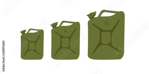 Set of metal green canisters for gasoline for 5, 10, 20 liters. Simple flat vector graphics for the concept of auto repair complexes.