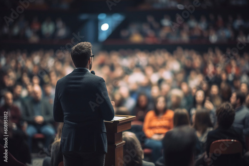 A man in a business suit is giving a speech on stage during a seminar. A lot of people in the blurred background. Shot from his back.