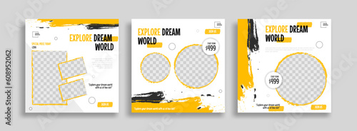 Set of travel sale social media post template. Web banner, flyer or poster for travelling agency business offer promotion. Holiday and tour advertisement banner design