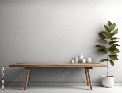 wood table beautiful wall background with sunlight  panoramic banner mockup for display of products  Modern Counter Table with Tropical Plant and Sunlight  Generative AI