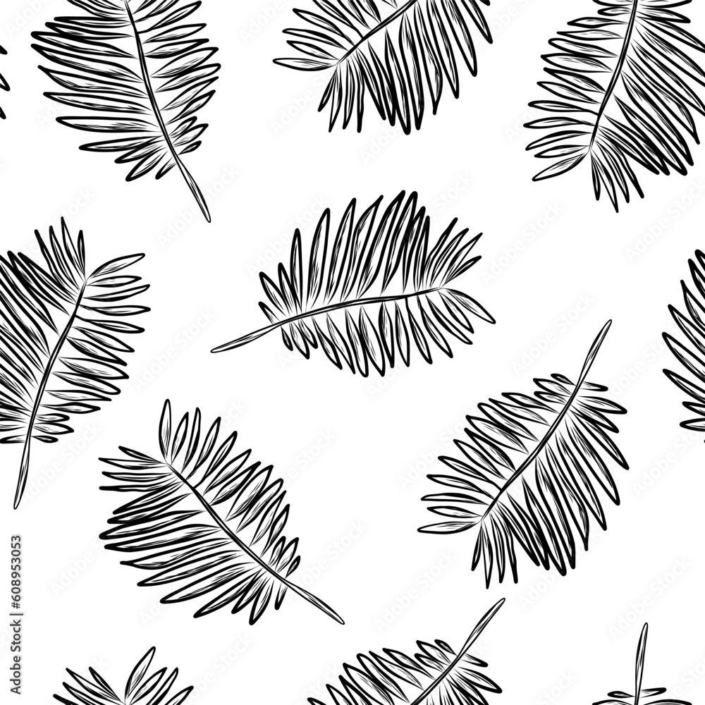 Obraz premium Seamless pattern with coconut leaves in hand drawn doodle style