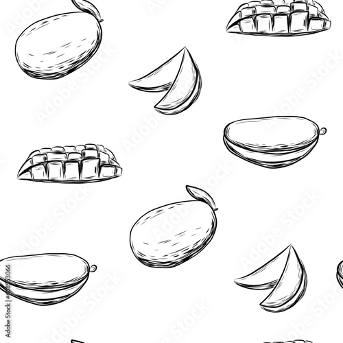 Seamless background with mango fruit in hand drawn sketch style