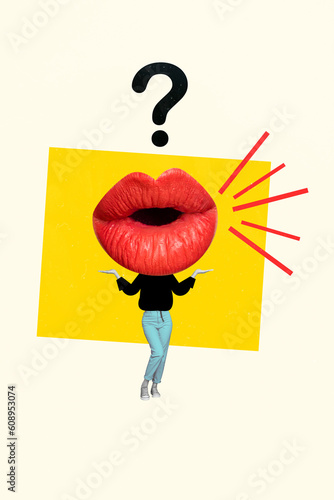 Collage dilemma illustration of headless misunderstanding woman huge pouted lips doubts shrug shoulders isolated on yellow background photo