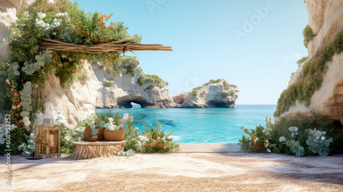 Summer beach landscape,stream, sand and sea with clear sky.Use for product presentation and banner.Generative AI