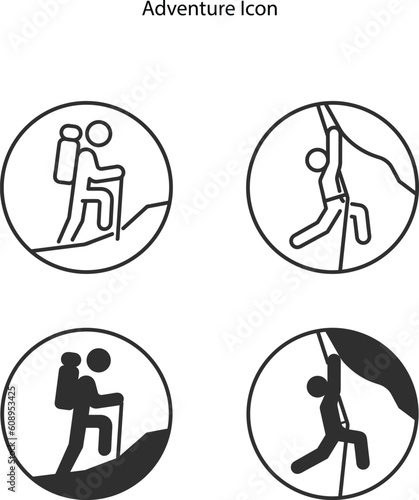 Adventure tours outline and glyph icons collection. Adventure, Tours, Journey, Trekking, Hiking, Rocky, Exploring vector and illustration concept set.