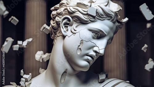Broken ancient greek statue head falling in pieces. Broken marble sculpture  cracking bust  AI generated image.