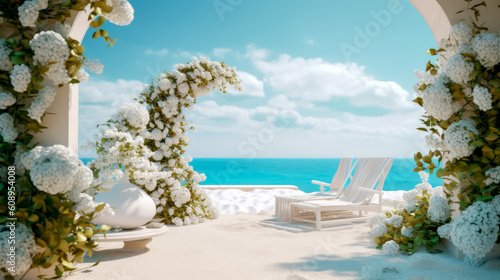 Summer beach landscape stream  sand and sea with clear sky.Use for product presentation and banner.Generative AI