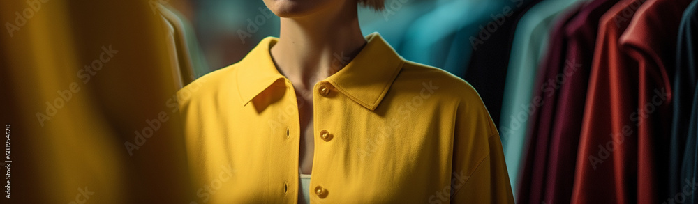 Woman wearing yellow shirt in the clothes store. Generative Ai Woman wearing yellow shirt in the clothes store. Generative Ai