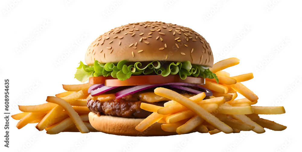 Hamburger and french fries on a transparent background. Generative Ai - obrazy, fototapety, plakaty 